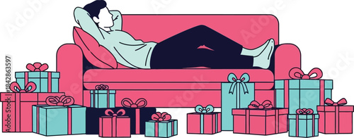 Relaxed person enjoying gifts on a sofa surrounded by presents and boxes a festive holiday shopping concept isolated on white background