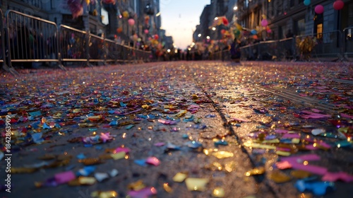 Confetti scattered on street after parade, low angle view at dusk