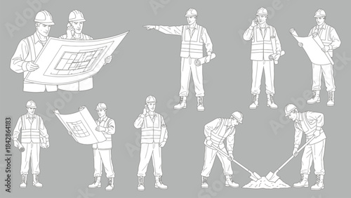 Set of Vector Construction Workers in Various Poses and Actions