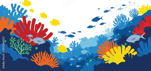 Vibrant underwater coral reef scene with colorful fish and aquatic plants teeming with life and dynamic movement isolated on white background