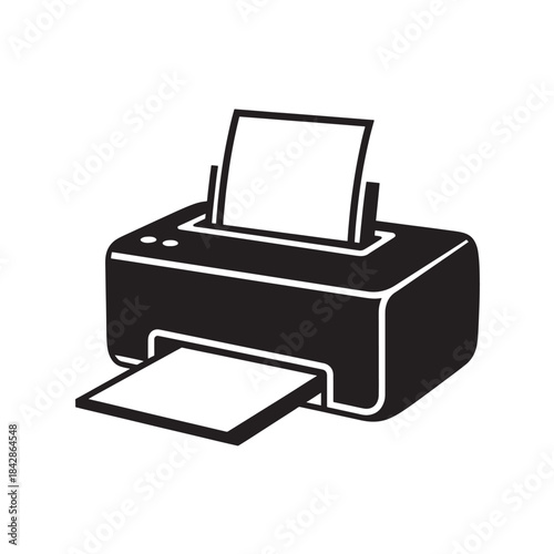 Black and White Printer Icon with Paper Tray Extended Isolated on White Background