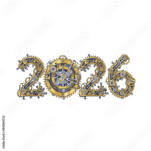 2026 Steampunk Clockwork Numbers - Intricate Mechanical Gears Vintage New Year Illustration