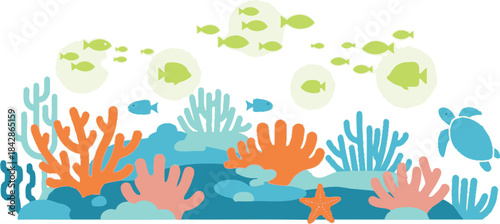 Vibrant underwater coral reef ecosystem with diverse marine life and lush seaweed isolated on white background