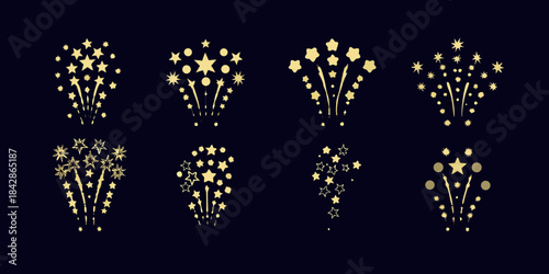 Golden firework bursts and twinkling stars on a dark background