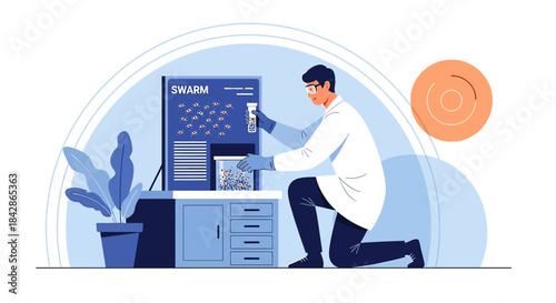 Scientist analyzing a swarm using scientific equipment in a laboratory setting for research and