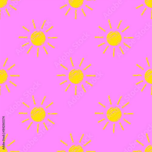 Seamless sun pattern crayon pencil hand drawn chalk doodle. Chalk cheerful sun in sketch style. Vector repeat illustration on pink background
