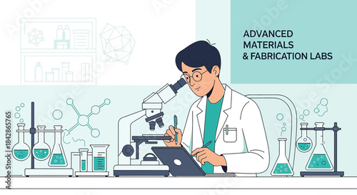 Scientist at Work in Advanced Materials and Fabrication Laboratory with Research Tools