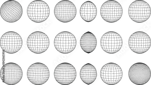 Geometric sphere grid vector collection featuring wireframe globe designs in various perspectives, ideal for technology graphics, 3D concepts, digital illustrations, and scientific artwork.