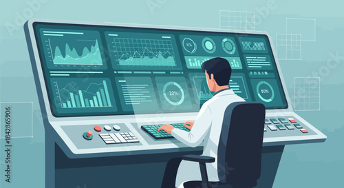 Scientist examining complex data and analytics displayed on a large monitoring screen interface
