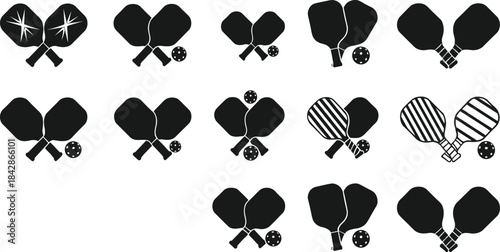Pickleball paddle vector collection featuring crossed paddles and balls in various styles, ideal for sports graphics, recreation themes, active lifestyle designs, and icons.=[/'Q2