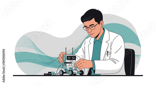 Scientist innovatively assembling a charming robot, showcasing technological development and