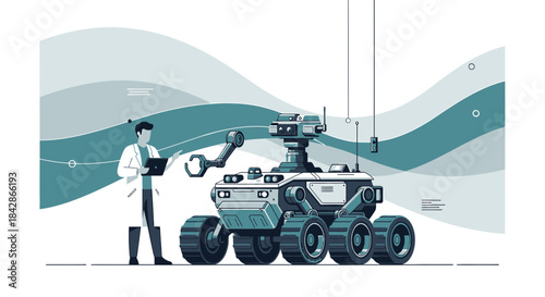 Scientist interacts with a robotic rover in a stylized laboratory environment, showcasing