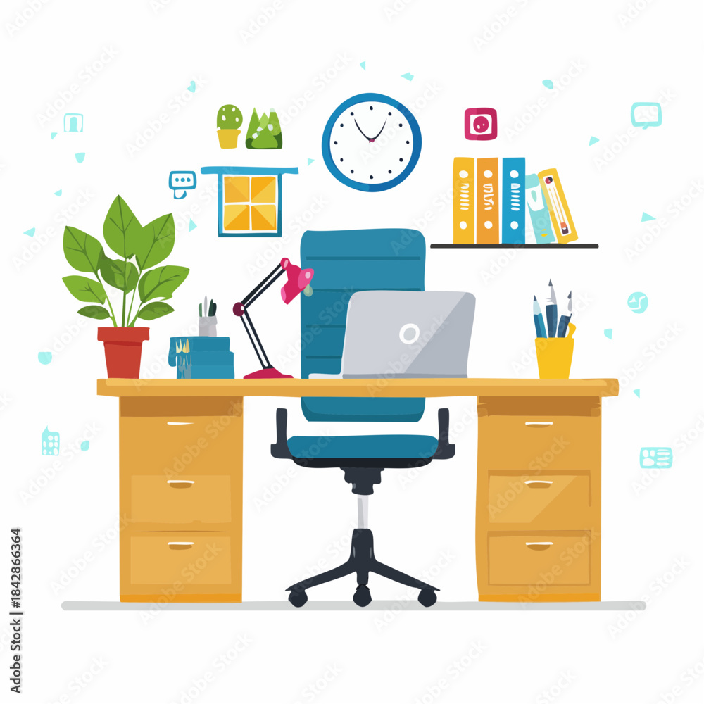 Fototapeta premium Modern office desk setup with laptop, chair, lamp, and potted plant creating a productive workspace
