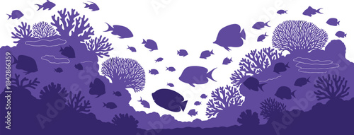 Vibrant purple coral reef ecosystem with swimming fish underwater scene peaceful ocean aquatic life isolated on white background