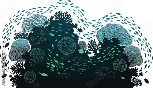 Vibrant underwater coral reef ecosystem scene teeming with diverse marine life showcasing intricate textures and natural beauty isolated on white background