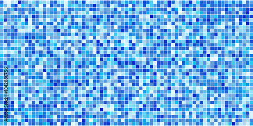 Blue tiles pattern. Classic seamless mosaic. Square swimming pool texture. Simple bathroom background. Wall or floor design template. Ceramic surface concept. Vector illustration.