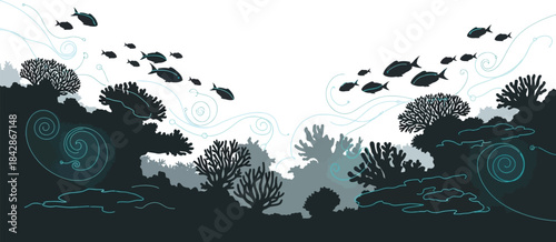 Underwater ecosystem silhouette with schools of fish and coral reefs creating a dynamic oceanic scene for marine life themes isolated on white background