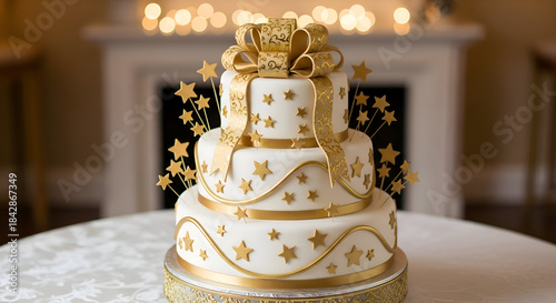 Elegant three tiered white wedding cake adorned with shimmering gold stars and ribbons topped with a golden gift box celebrating a special occasion