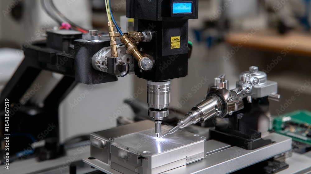Fototapeta premium Microscopic precision engraving machine in high-tech workshop setting