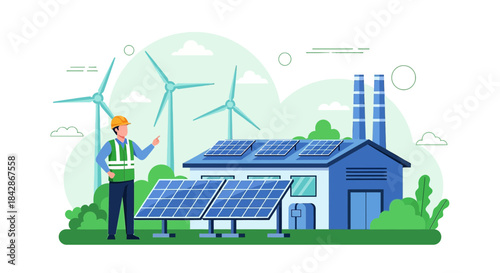 Sustainable industrial complex with solar panels, wind turbines, and engineer illustration