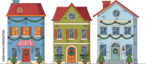 Cartoon Christmas house set with wreaths, garlands, trees, and festive decor for holiday design and seasonal storytelling themes.
