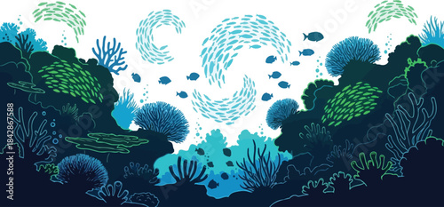 Mystical underwater coral reef ecosystem with bioluminescent flora and fauna floating in deep ocean water isolated on white background