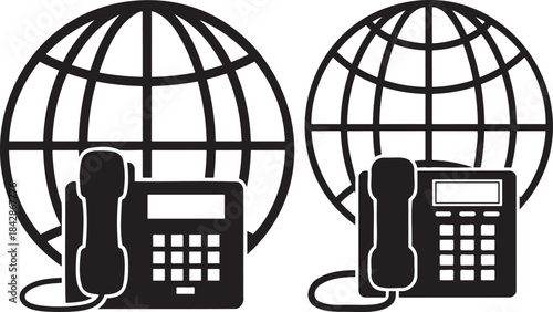 Global communication icons featuring telephones and world globes