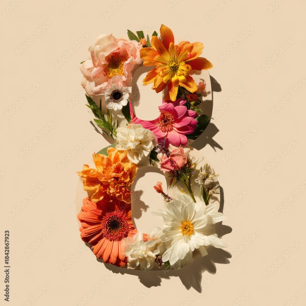 Fototapeta premium Floral number eight composed of vibrant blooms on a cream backdrop, casting a shadow