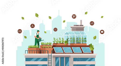 Sustainable urban farming with rooftop garden and solar panels in a modern city environment