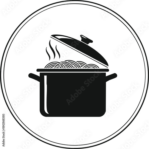 Steaming Pot of Noodles in a Minimalist Circular Emblem