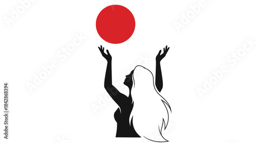 A silhouetted woman with outstretched arms reaches for a vibrant full red moon in the night sky