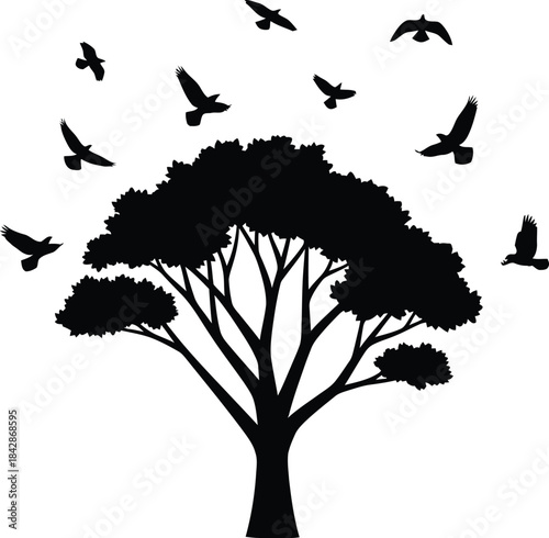 Silhouette of a majestic tree with birds taking flight symbolizing freedom nature and growth on a plain backdrop isolated on white background