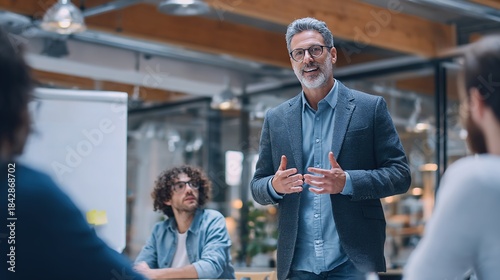 Inspiring Leadership: A seasoned leader captivates an attentive audience in a modern open-plan office setting, conveying knowledge and insights with engaging gestures and expressions. 