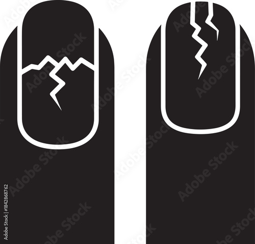 Two icons illustrating cracked and broken fingernails on black background