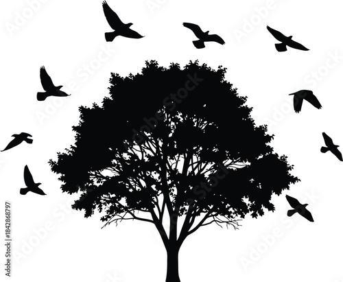 Silhouette of a majestic tree with a flock of birds taking flight around its branches representing freedom and nature in a symbolic design. isolated on white background