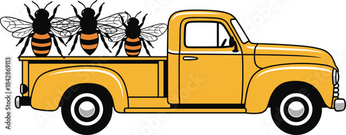 Vintage Yellow Pickup Truck Illustration Carrying Three Honey Bees in the Back, Classic Farm Vehicle with Apiculture Theme Vector Art.