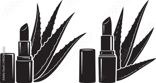 Black and white illustration of two lipsticks with aloe vera plants