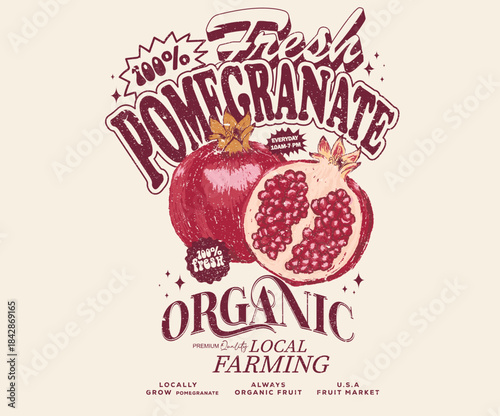 Organic fruit poster design. Pomegranate fruit artwork. Fresh pomegranate fruit print.
