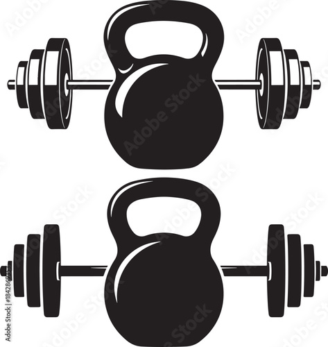 Two black silhouettes of kettlebells with dumbbells on a white background