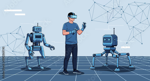 Virtual robotics design, human interacting with robots in simulated reality environment