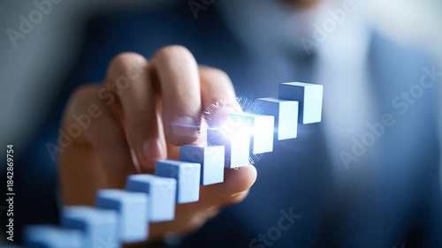Climbing to Success: A business professional's hand is guiding a series of ascending blocks, representing the continuous pursuit of growth and reaching new heights. 