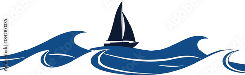 Sailing boat on blue ocean waves scenic nautical theme graphic design element for maritime and travel concepts isolated on white background