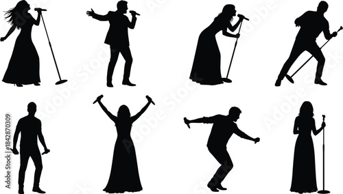 Comprehensive Singers and Vocalists Silhouettes Set, Male and Female Performer Action Poses, Concert Stage Entertainment Icons, Music Artist Vector Graphic Collection, Isolated Pop Star Clipart.
