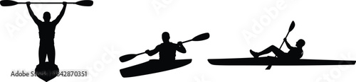 Kayaker and Paddler Silhouettes Set, Canoe and Kayak Sport Action Icons, Outdoor Water Recreation Graphics, Man with Paddle Vector Collection, Summer Extreme Sport Clipart.