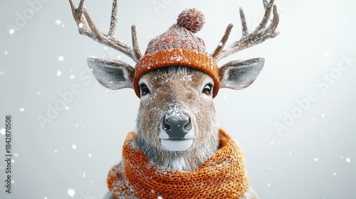 Deer in Orange Winter Hat and Scarf on Snowy Day