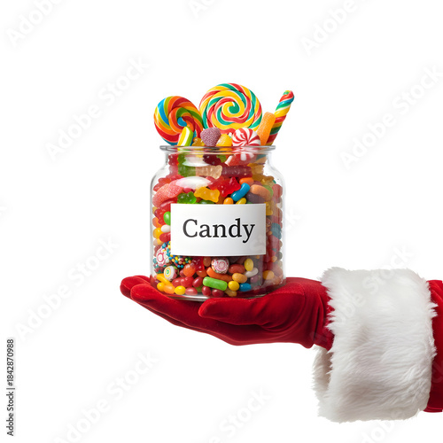 Santa Claus's gloved hand presenting a candy jar, transparent background, isolated