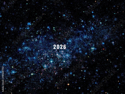Wallpaper Mural A speckled cosmic image features the year "2026" floating amidst a galaxy of color Torontodigital.ca