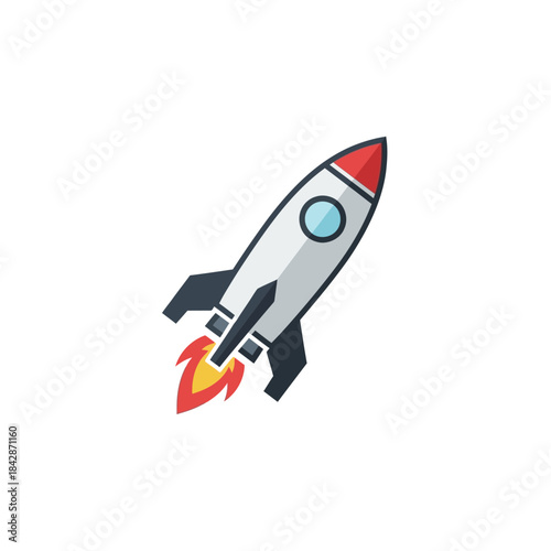 A cartoon-style rocket with a red nose cone and orange flames launching into space.