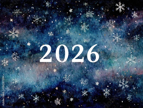 Wallpaper Mural Watercolor background with snowflakes surrounding the bold white year "2026 Torontodigital.ca