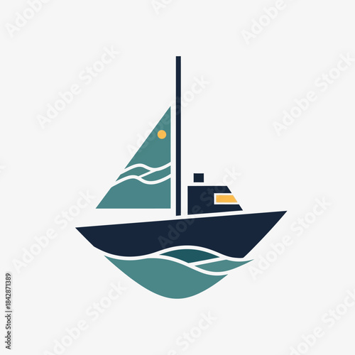 A minimalist graphic illustration of a sailboat with a dark blue hull and teal sail, floating on abstract waves under a small yellow sun.